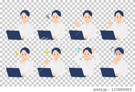 パソコンを見ながらいろいろな表情・ポーズをする中年男性のセット【人物ベクターイラスト素材】 パソコンを見ながらいろいろな表情・ポーズをする中年男性のセット【人物ベクターイラスト素材】 121660003