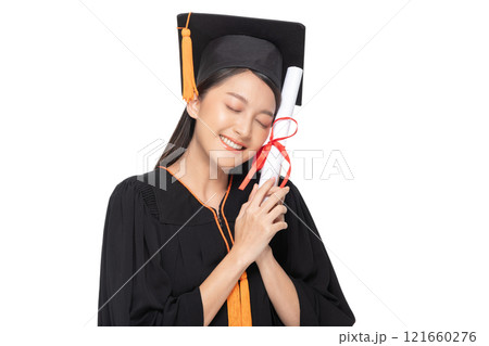 Beautiful Attractive Asian woman graduated in cap and gown smile with certificated in her hand feeling so proud and happiness,Isolated on white background,Education Success Concept 121660276