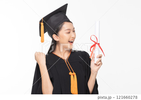 Beautiful Attractive Asian woman graduated in cap and gown smile with certificated in her hand feeling so proud and happiness,Isolated on white background,Education Success Concept 121660278