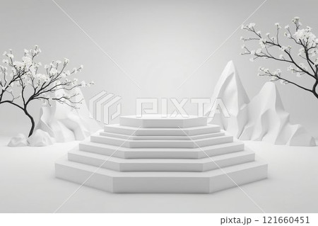 抽象的な山と花の枝に囲まれた未来的な白いプラットフォーム 121660451