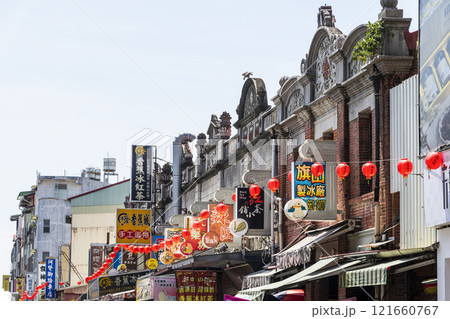 Building view of the Qishan(Cishan) Old Street Commercial District in Kaohsiung, Taiwan. which was the Baroque style of buildings during the Japanese rule of Taiwan. 121660767