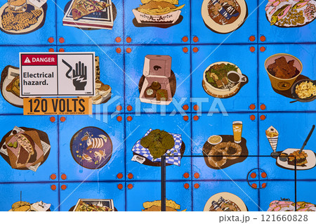 Vibrant Food Mural with Safety Sign in Urban Setting Eye-Level Perspective 121660828