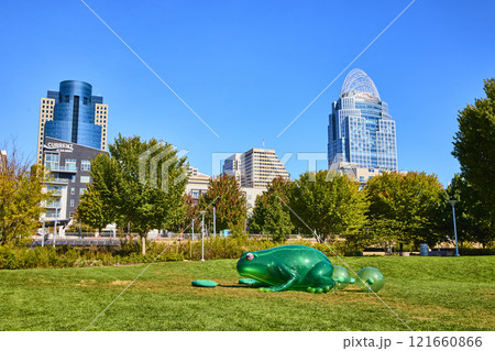 Cincinnati Urban Park Frog Sculpture with Skyline and Greenery Eye-Level Cincinnati Urban Park Frog Sculpture with Skyline and Greenery Eye-Level 121660866
