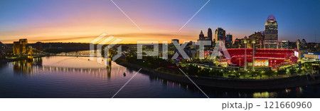 Aerial Panorama of Cincinnati Skyline with Stadium Lights at Golden Hour 121660960