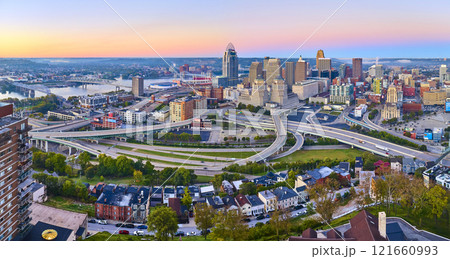 Aerial of Cincinnati Skyline and Spaghetti Highway at Sunset 121660993