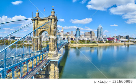 Aerial of John A. Roebling Bridge and Cincinnati Skyline Aerial of John A. Roebling Bridge and Cincinnati Skyline 121660999