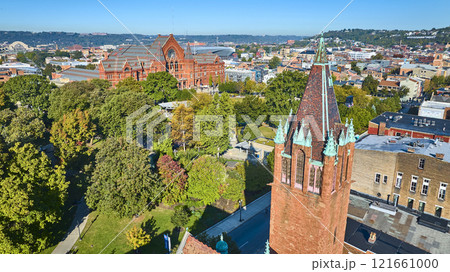 Aerial of Cincinnati Music Hall with Park and Tower Aerial of Cincinnati Music Hall with Park and Tower 121661000