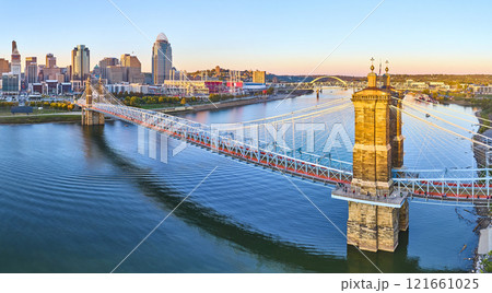 Aerial Panorama of John A. Roebling Bridge and Cincinnati Skyline at Golden Hour 121661025