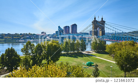 Aerial of Roebling Bridge and Covington Skyline Over Ohio River Aerial of Roebling Bridge and Covington Skyline Over Ohio River 121661072