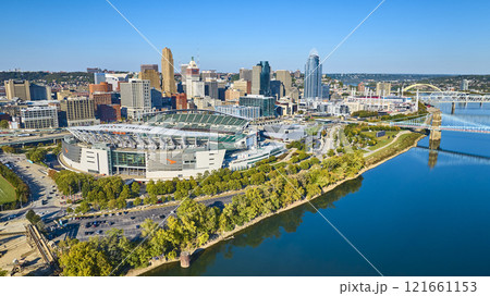 Aerial of Cincinnati Skyline with Stadium and Ohio River at Sunrise Aerial of Cincinnati Skyline with Stadium and Ohio River at Sunrise 121661153