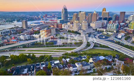 Aerial of Cincinnati Skyline at Golden Hour with River and Highways 121661160