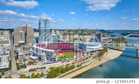 Aerial of Cincinnati Skyline with Great American Ball Park and Ohio River Aerial of Cincinnati Skyline with Great American Ball Park and Ohio River 121661241