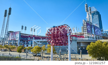 Aerial of Great American Ball Park with Paddle Wheel Sculpture Aerial of Great American Ball Park with Paddle Wheel Sculpture 121661257