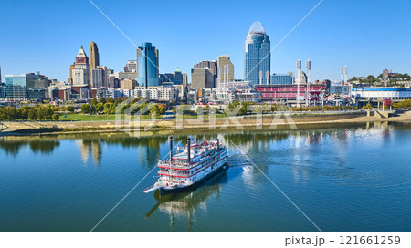 Aerial of Cincinnati Skyline with Riverboat on Ohio River Aerial of Cincinnati Skyline with Riverboat on Ohio River 121661259
