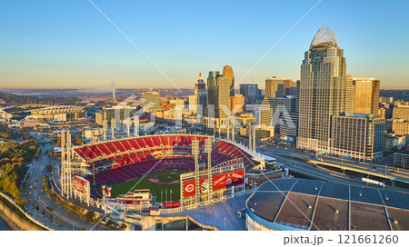 Aerial of Cincinnati Skyline and Great American Ball Park at Golden Hour Aerial of Cincinnati Skyline and Great American Ball Park at Golden Hour 121661260
