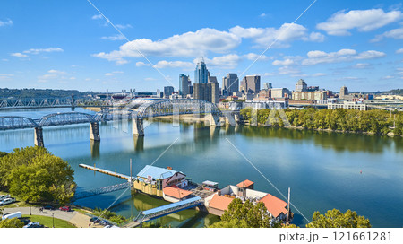 Aerial of Cincinnati Skyline and Roebling Bridge Over Ohio River Aerial of Cincinnati Skyline and Roebling Bridge Over Ohio River 121661281