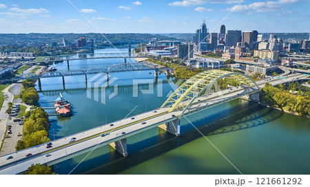 Aerial of Cincinnati Skyline and Daniel Carter Beard Bridge Aerial of Cincinnati Skyline and Daniel Carter Beard Bridge 121661292