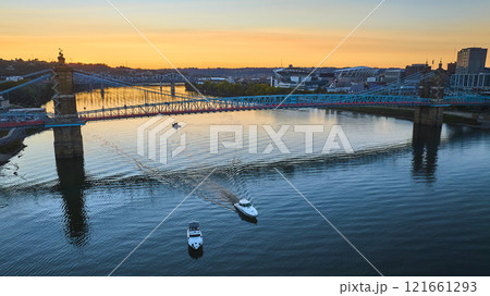 Aerial of John A Roebling Bridge at Sunset Over Ohio River Aerial of John A Roebling Bridge at Sunset Over Ohio River 121661293