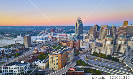 Aerial of Cincinnati Skyline at Sunrise with Ohio River and Highways Aerial of Cincinnati Skyline at Sunrise with Ohio River and Highways 121661316