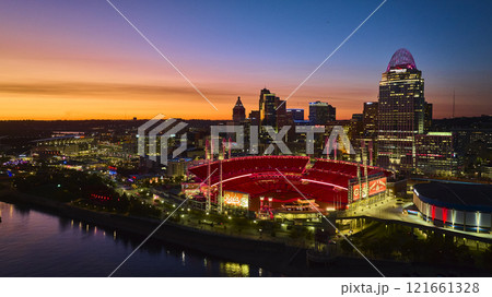 Aerial of Cincinnati Skyline at Sunset Featuring Great American Ball Park 121661328