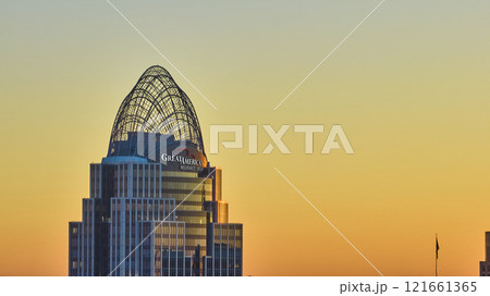 Aerial of Great American Tower at Sunset in Cincinnati Aerial of Great American Tower at Sunset in Cincinnati 121661365