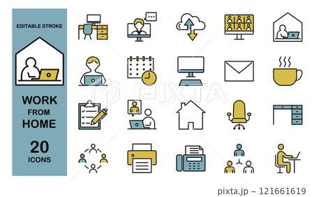 在宅勤務・リモートワークに関するアイコンセット カラー 在宅勤務・リモートワークに関するアイコンセット カラー 121661619