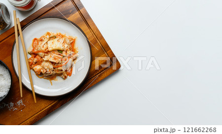 Top view traditional Korean Kimchi served on a plate. Korean cuisine and traditional side dish concept Top view traditional Korean Kimchi served on a plate. Korean cuisine and traditional side dish concept 121662268
