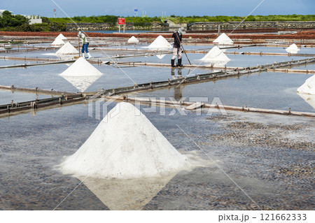 View of the Jingzaijiao Tile-Paved Salt Fields in Tainan, Taiwan, one of the Southwest Coast National Scenic Area attractions. 121662333