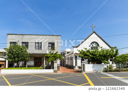 Building view of the Beimenyu Church in Tainan, Taiwan. it was built for local people who suffered from Blackfoot Disease. 121662340