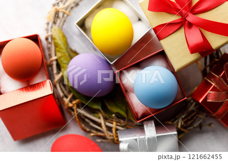Colorful easter egg and gift boxes 121662455