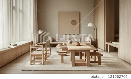 Minimalist interior with wooden furniture and decor. 121662705