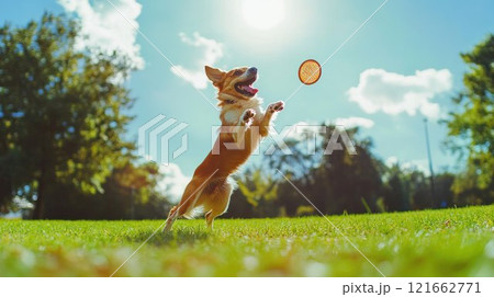 Dog jumping to catch a flying disc in sunlight. 121662771