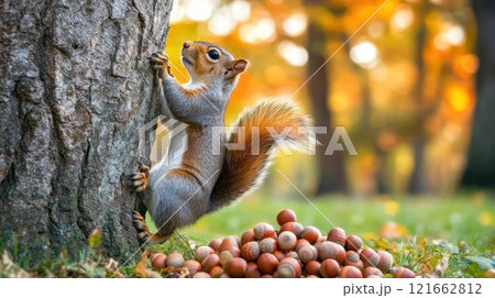 Squirrel climbing a tree with gathered nuts. Squirrel climbing a tree with gathered nuts. 121662812