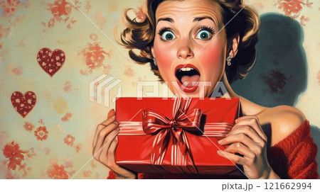 Surprised woman holding a gift with excitement. 121662994