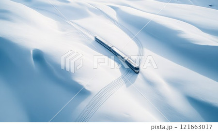 Train traversing a snowy landscape. 121663017