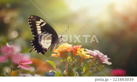 Butterfly perched on colorful flowers in sunlight. 121663039