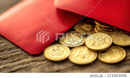 Red envelopes with gold coins for gifting. 121663046