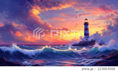 Dramatic sunset over ocean with lighthouse on rocky coast, waves crashing. 121663088