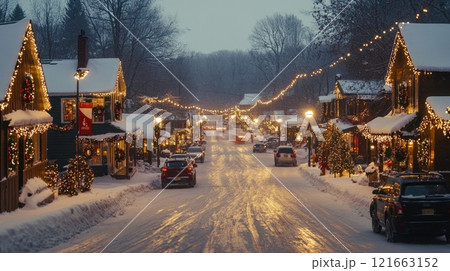 Snowy Christmas street scene at night with cars, lights, and snow-covered houses. 121663152