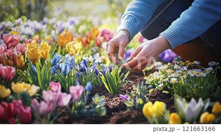 Person planting colorful spring flowers in a...のイラスト素材 [121663166] - PIXTA