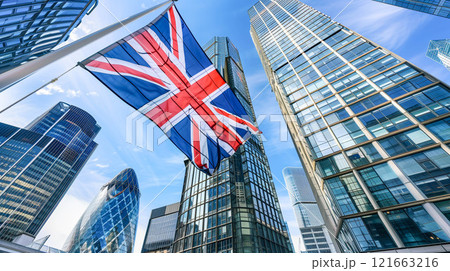 UK United Kingdom national flag and government building with skyscrapers. UK United Kingdom national flag and government building with skyscrapers. 121663216