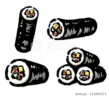 いろいろな角度から見た恵方巻　筆タッチ手描きイラスト 121663271