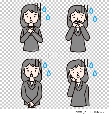 A woman in a suit sweating and anxious with multiple gestures: Illustration material 121663278