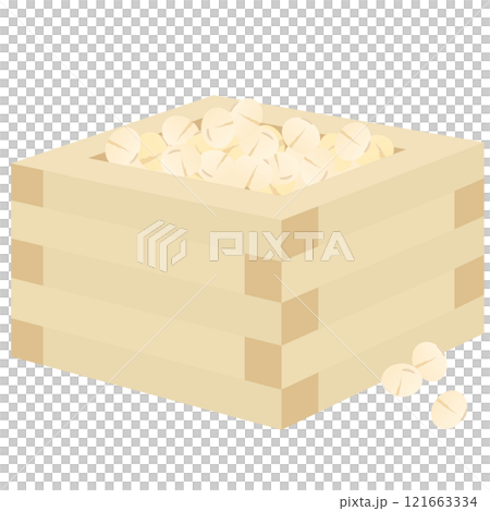 Vector illustration of a wooden box and lucky beans used for bean-throwing for Setsubun 121663334