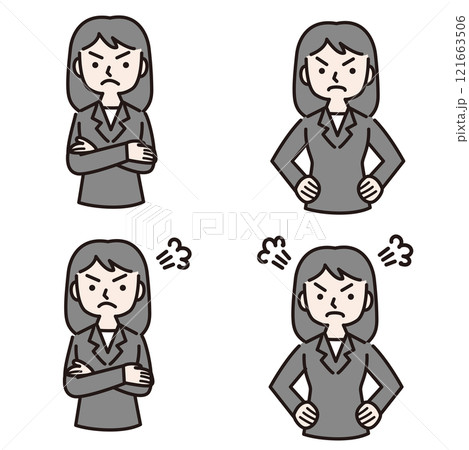 怒る複数仕草のスーツ姿の女性：イラスト素材 121663506