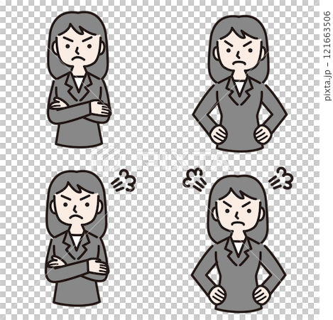 Angry woman in a suit with multiple gestures: illustration material 121663506