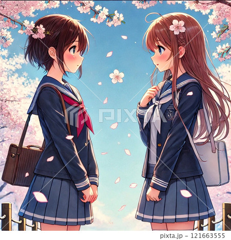 高校が異なるJKふたりのセーラー服姿　春　桜　鞄自由　Generative AI 121663555