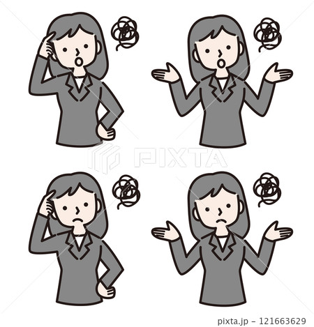もやもや悩む複数仕草のスーツ姿の女性：イラスト素材 121663629