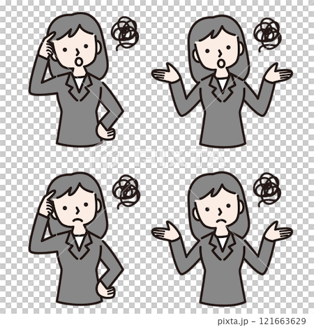 もやもや悩む複数仕草のスーツ姿の女性：イラスト素材 121663629