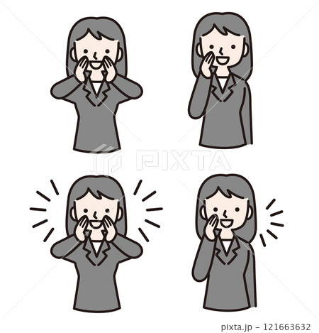 笑顔で呼びかける複数仕草のスーツ姿の女性:イラスト素材 笑顔で呼びかける複数仕草のスーツ姿の女性:イラスト素材 121663632